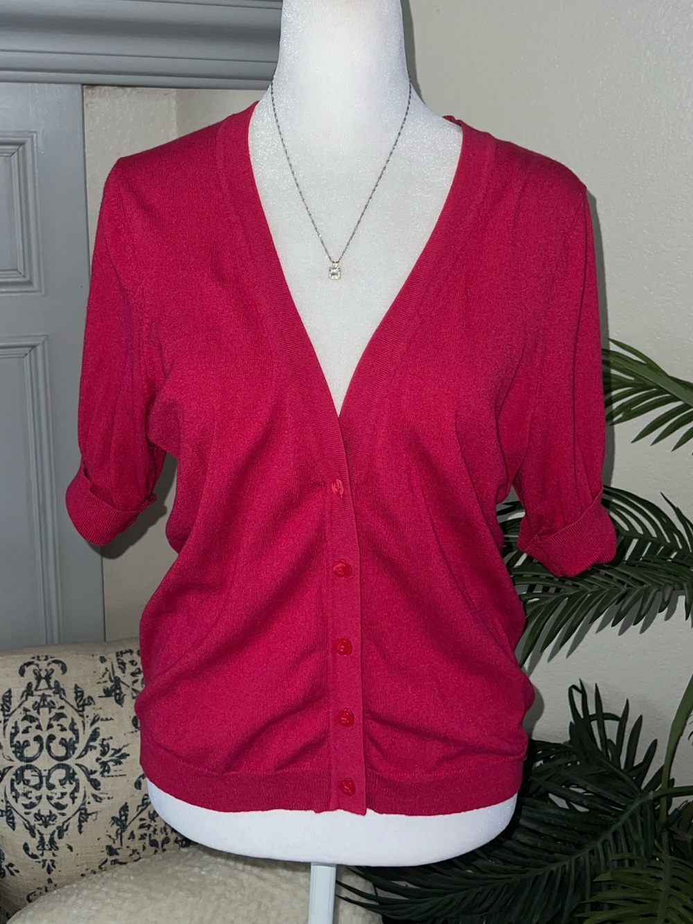 Ann Taylor Women's Bright Fuchsia V-Neck Button-Front Cardigan